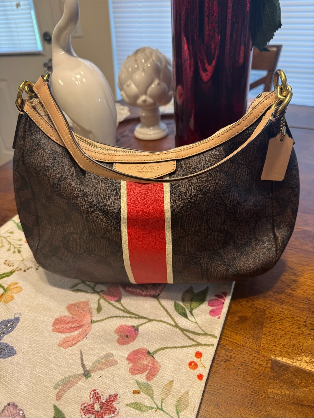 Coach Brown Signature Shoulder Bag with Red Center Stripe